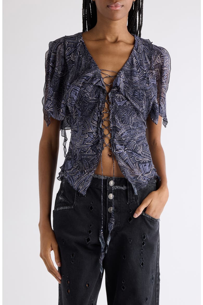 Thanais Print Silk Lace-Up Top, Main, color, FADED NIGHT
