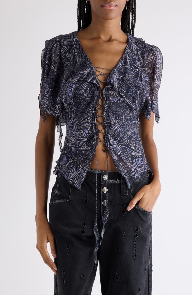 Isabel Marant Thanais Print Silk Lace-Up Top, Main, color, Faded Night