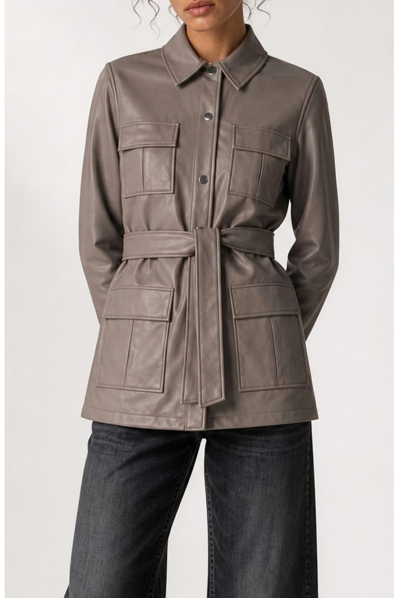 Jutta Faux Leather Belted Shirt Jacket, Alternate, color, LEAFLESS TREE