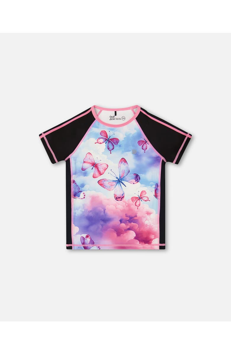 Deux par Deux Girl's Printed Short Sleeve Athletic Top Pink, Black And Butterfly, Main, color, Pink, Black And Butterfly