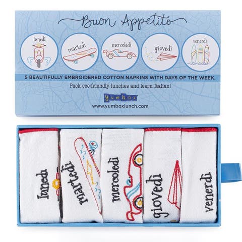 Reusable Embroidered Cotton Napkin Set - Days of the Week in Italian