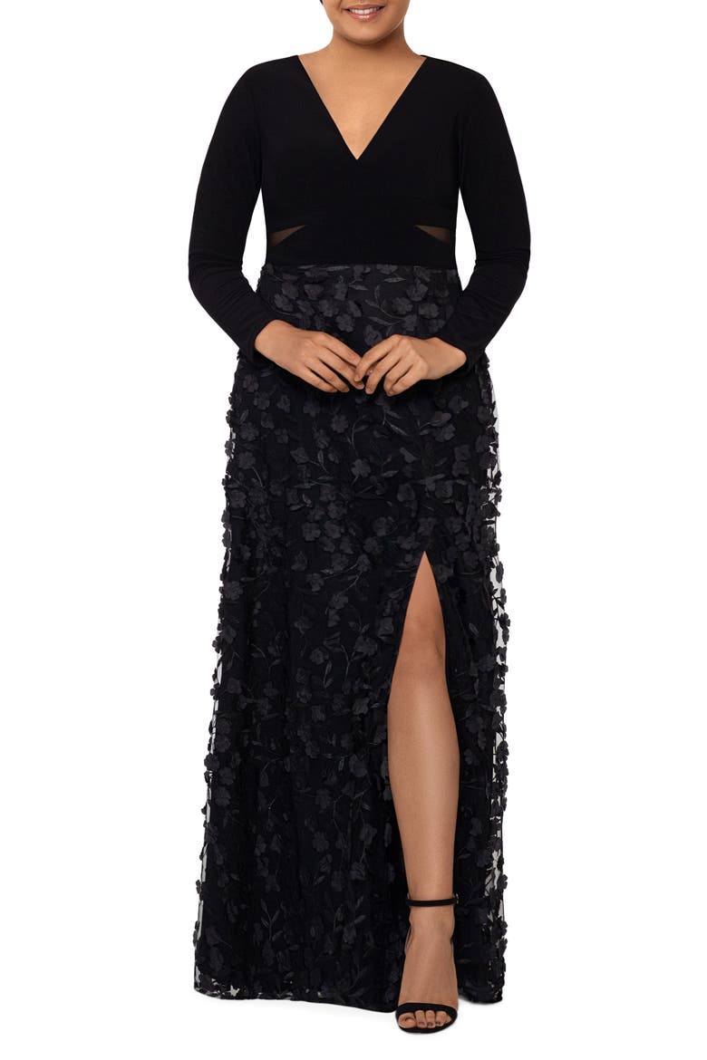 Xscape 3D Floral & Mesh Cutout Long Sleeve Gown, Main, color, BLACK/ BLACK