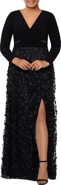 Xscape Evenings Xscape 3D Floral & Mesh Cutout Long Sleeve Gown