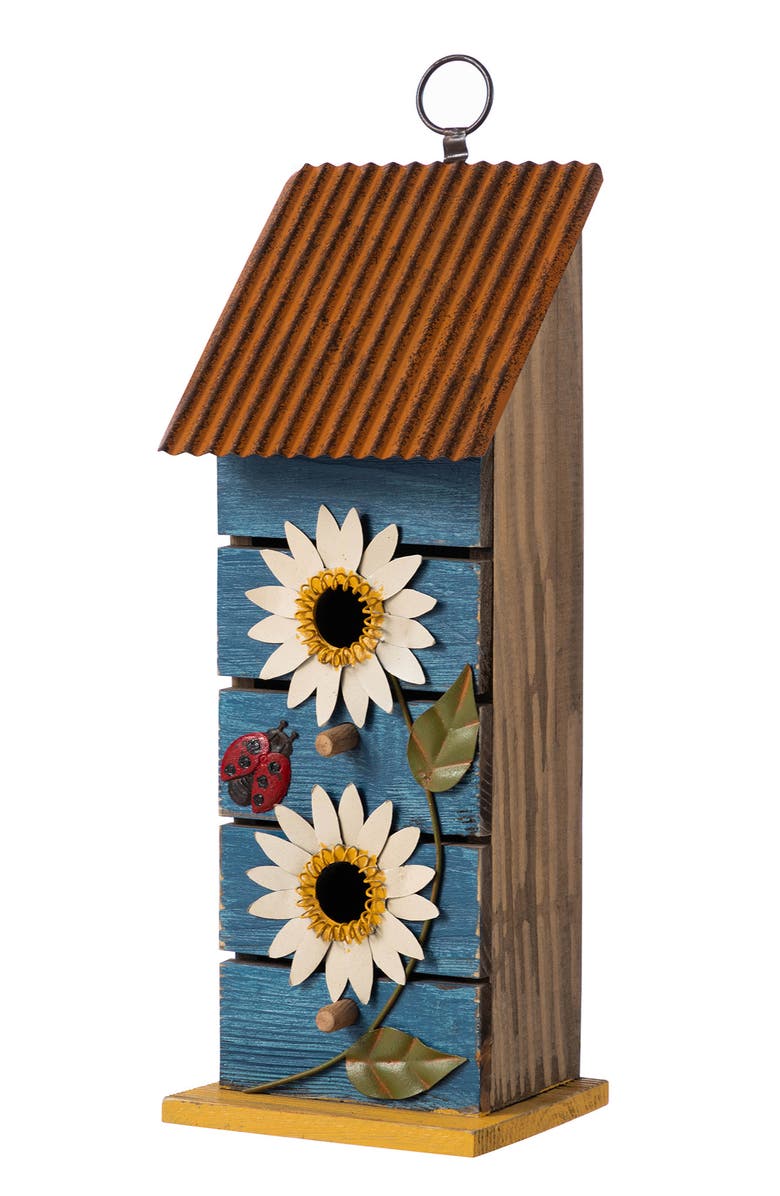 Glitzhome 15"H Solid Wood and Metal Daisy Decorative Outdoor Garden Birdhouse, Main, color, Blue