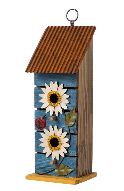 15"H Solid Wood and Metal Daisy Decorative Outdoor Garden Birdhouse