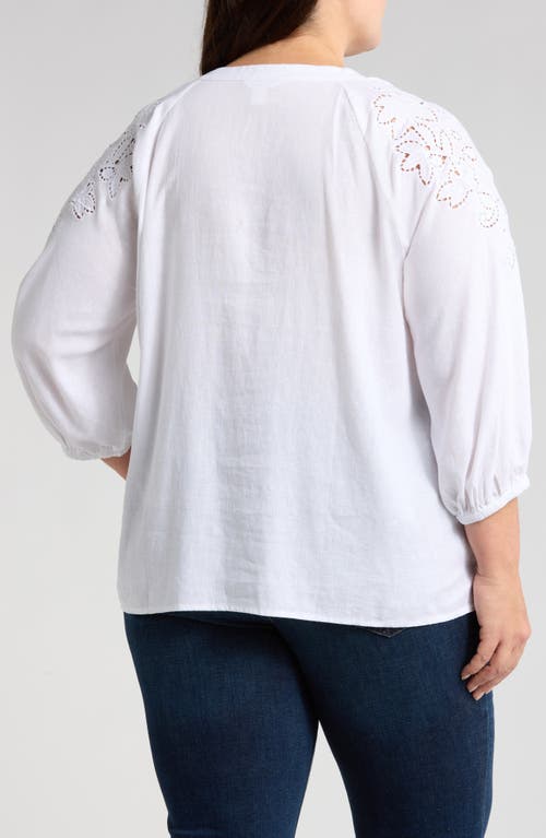 Caslonr Caslon(r) Embroidered Cutwork Split Neck Linen Blend Popover Top In White