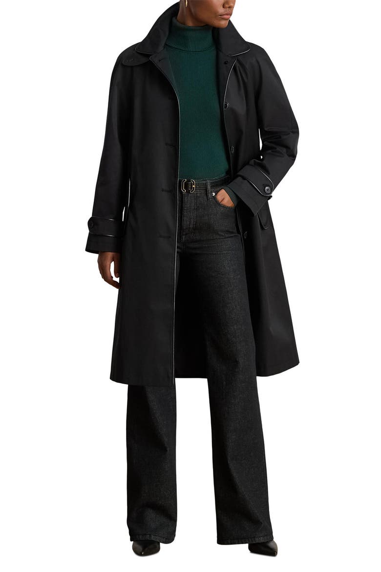 Balmacaan Single Breasted Raincoat with Faux Leather Trim, Main, color, BLACK