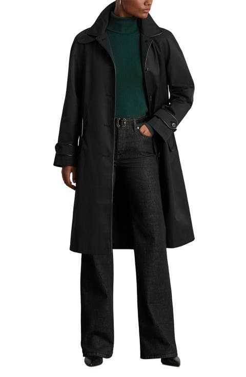 Balmacaan Single Breasted Raincoat with Faux Leather Trim