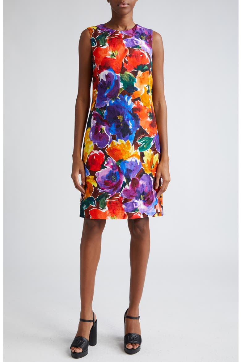 Abstract Floral Print Sleeveless Sheath Dress, Main, color, HM4YEFIORI ASTR.F.MARRONE