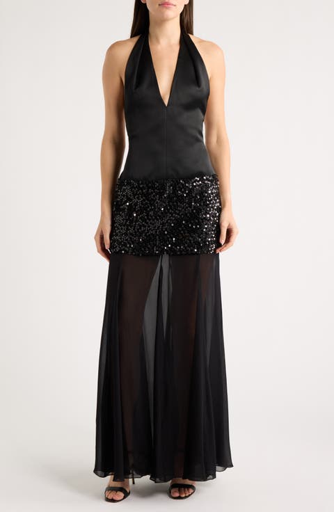 Bianca Sequin Plunge Halter Satin Gown