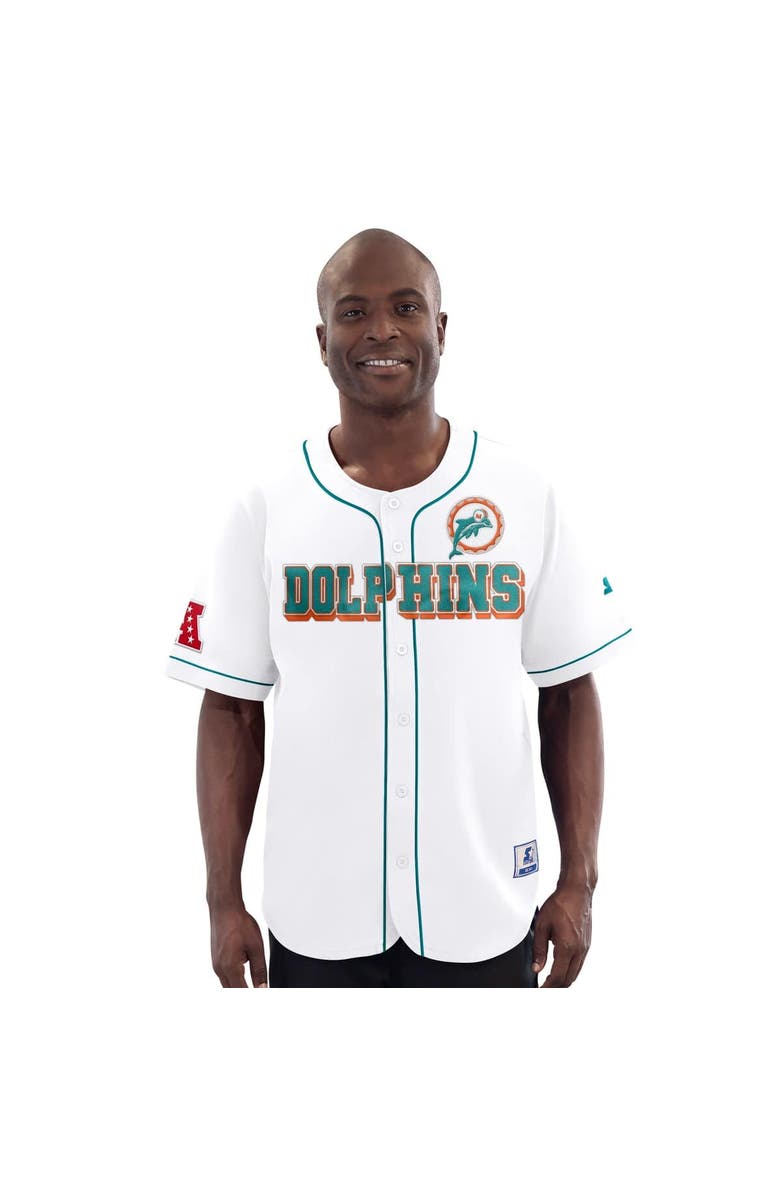 STARTER Men's Starter White Miami Dolphins Relay Vintage Full-Button Baseball Jersey, Main, color, White