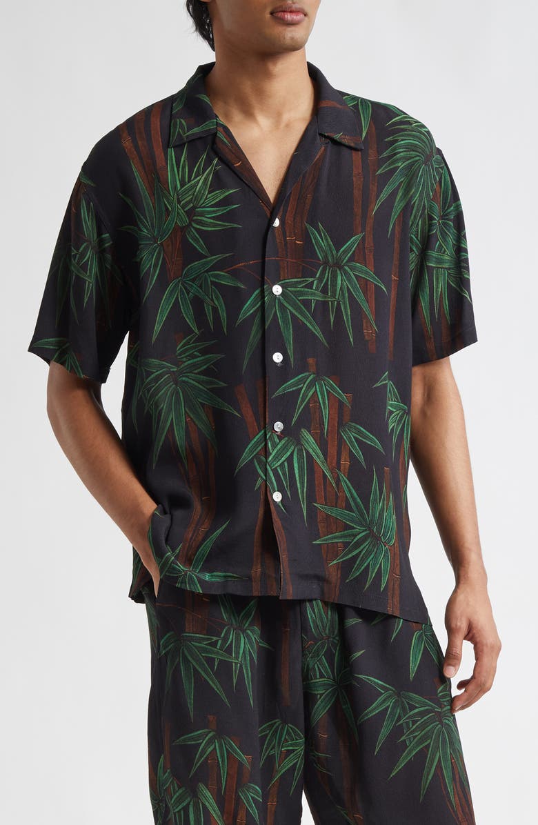 ENDLESS JOY Bamboo Print Crepe Button-Up Shirt, Main, color, Black