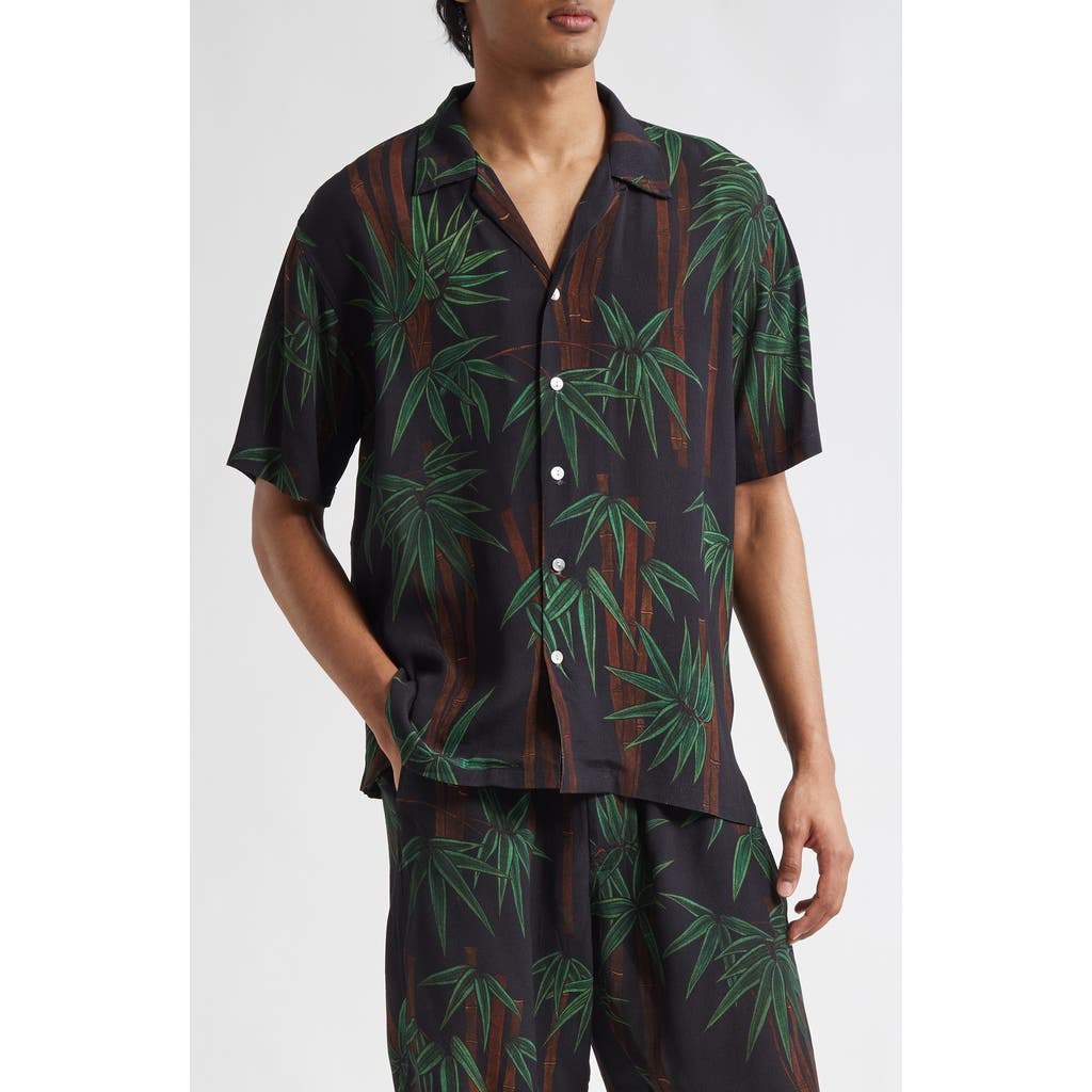 Endless Joy Bamboo Print Crepe Button-up Shirt In Black