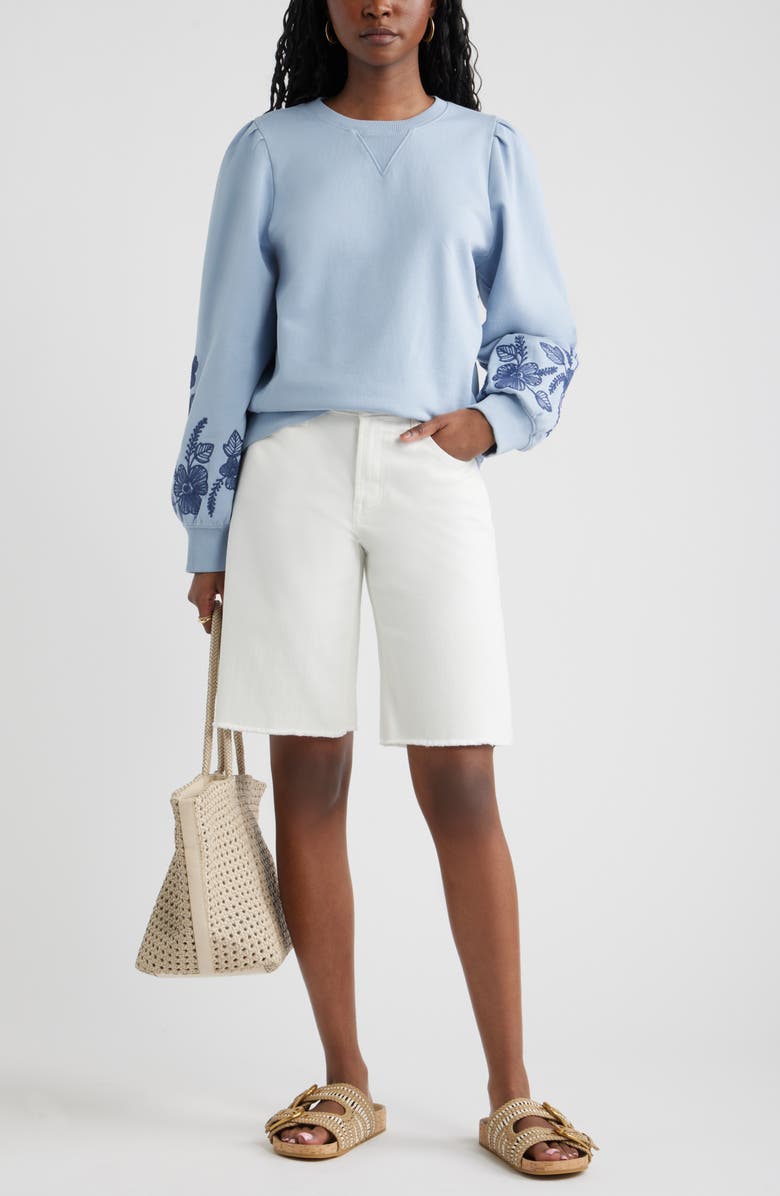 Treasure & Bond Embroidered Sleeve Cotton Sweatshirt, Alternate, color, Blue Blizzard Embroidery