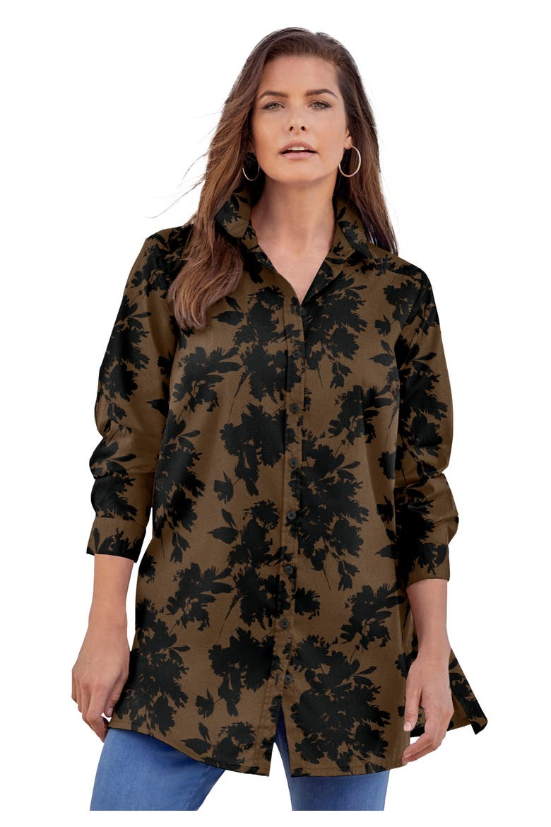 Kate Long Sleeve Crisp Cotton Blend Button Front Tunic, Main, color, BROWN BLACK SILHOUETTE