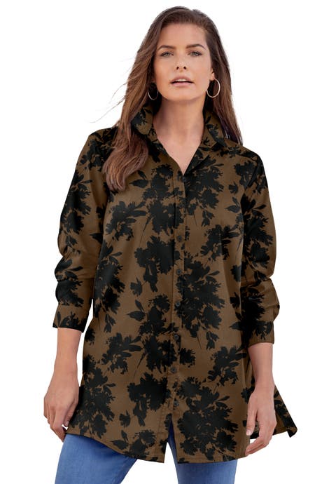 Kate Long-Sleeve Crisp Cotton-Blend Button-Front Tunic (Plus)