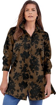 Roaman's Kate Long Sleeve Crisp Cotton Blend Button Front Tunic