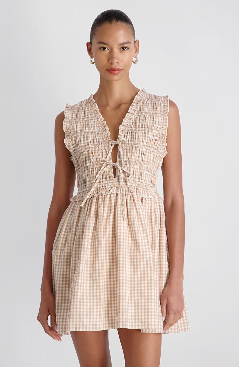 French Connection Rhodes Pop Gingham Ruffle Shirred Bodice Cotton Sundress, Alternate, color, Petit Gingham Almond Beige