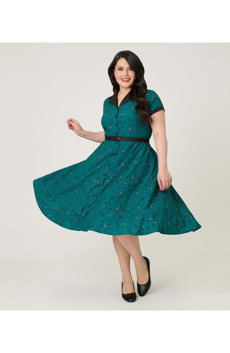Unique Vintage Plus Size Collared Short Sleeved Belted Alexis Swing Dress, Main, color, Teal Raccoon Print
