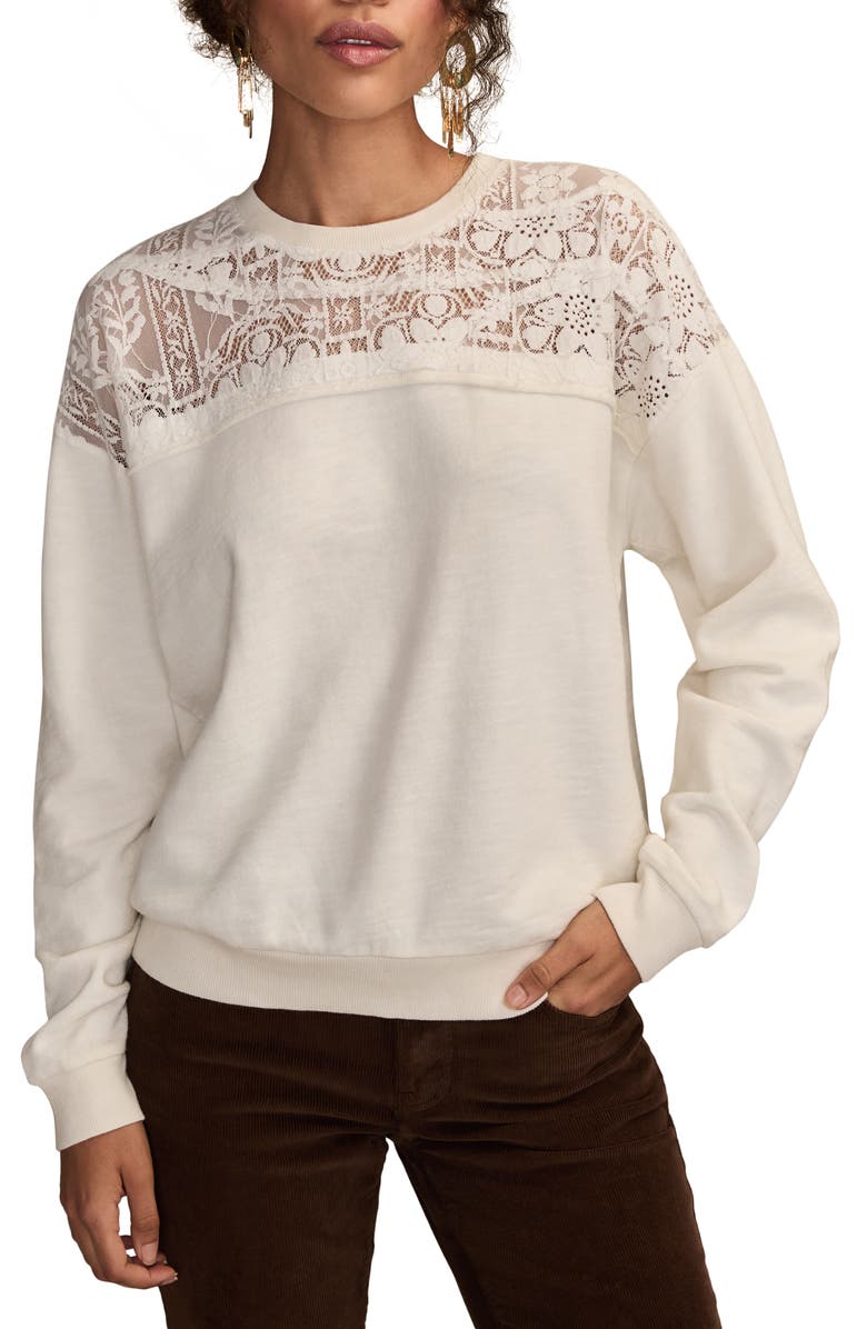 Lucky Brand Floral Lace Inset Cotton Top, Main, color, Tofu