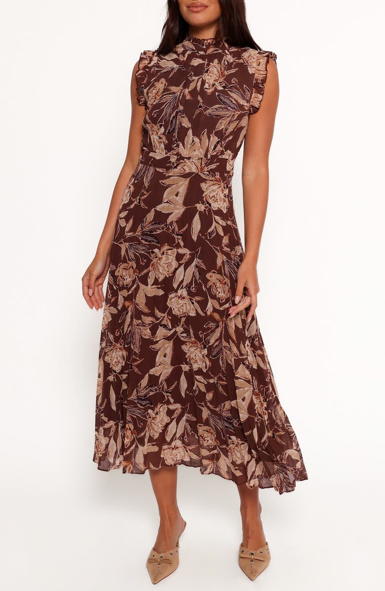 Petal & Pup Delphine Pleated Sleeveless Maxi Dress, Main, color, Brown Floral