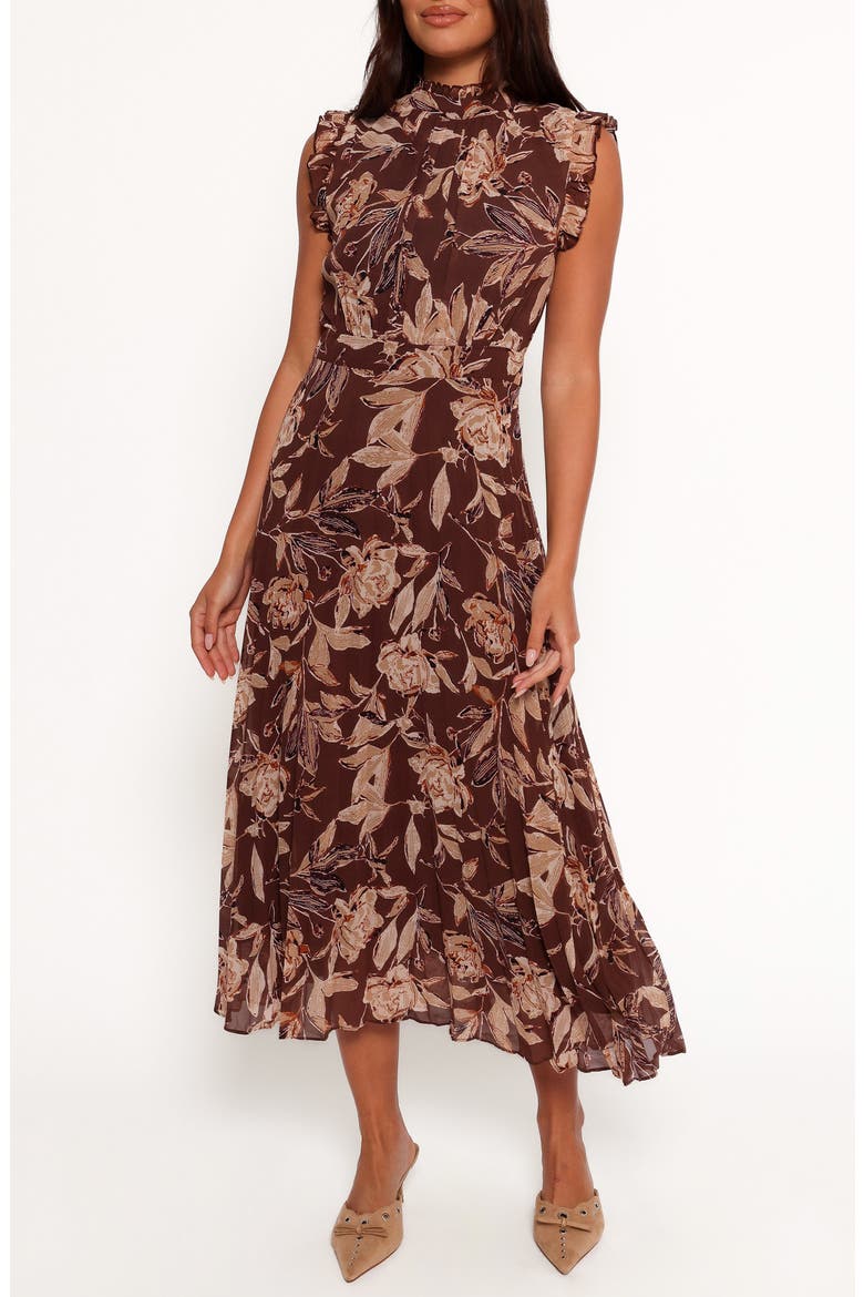 brown floral maxi dress Daphne Brown Floral Ruffle Maxi Dress