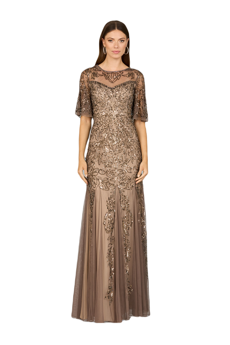 Short Sleeve Sheath Beaded Gown, Main, color, Bronze