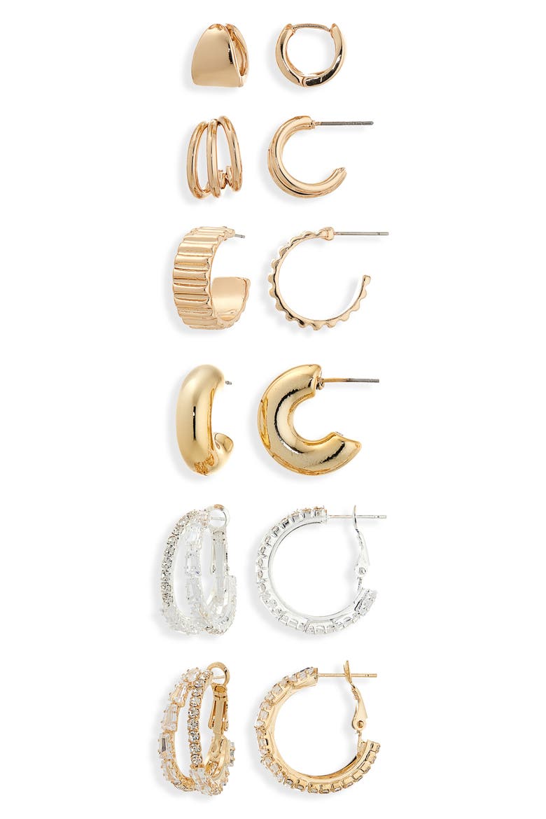 6-Pack Assorted Hoop Earrings, Main, color, GOLD/CRYSTAL