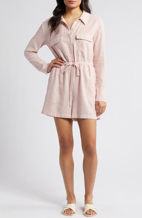 Stripe Long Sleeve Linen Blend Romper