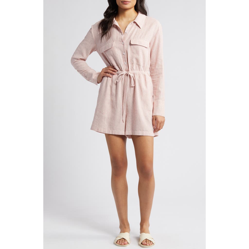 Caslon Stripe Long Sleeve Linen Blend Romper In Pink- Ivory Leah Stripe