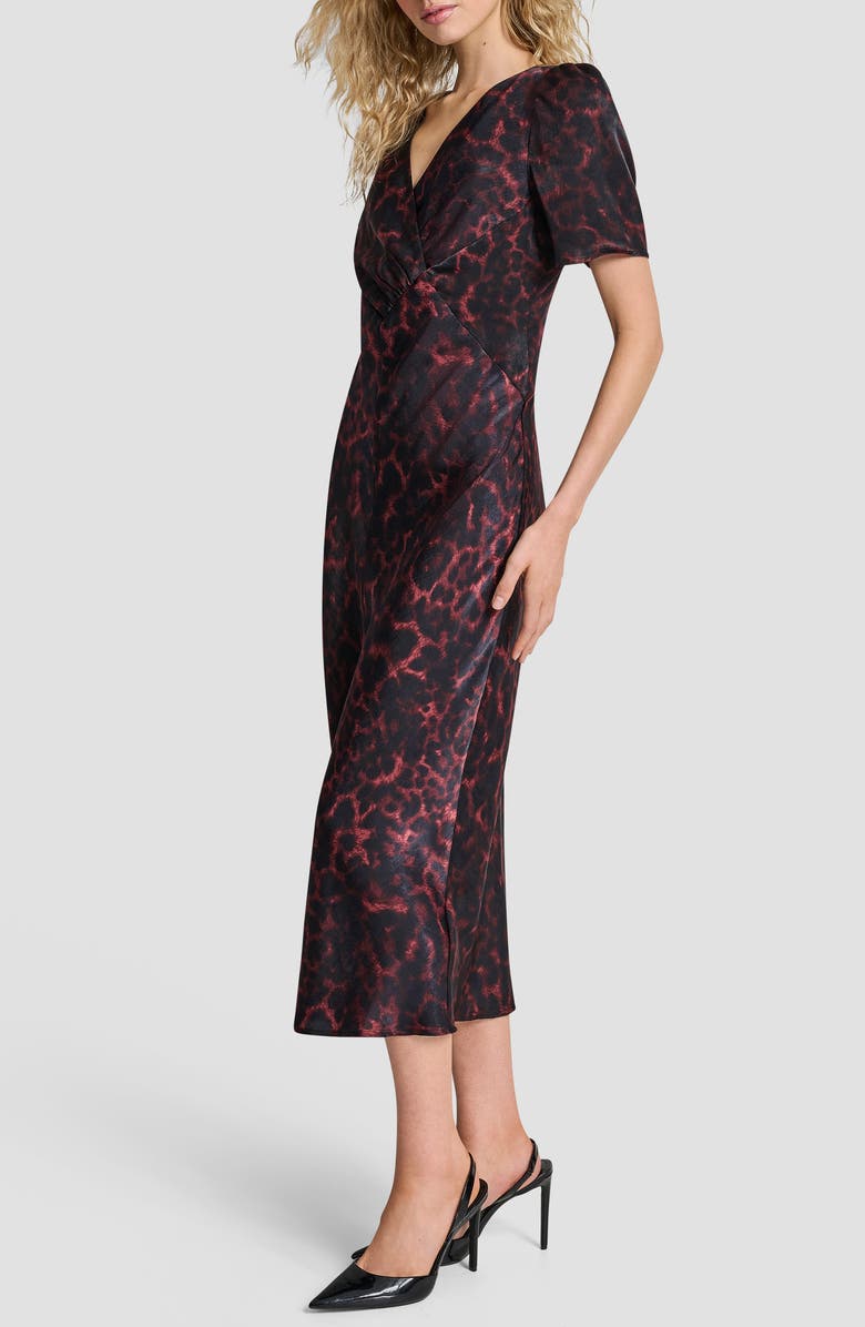 DKNY Print Puff Sleeve Satin Midi Dress, Alternate, color, Merlot Cheetah