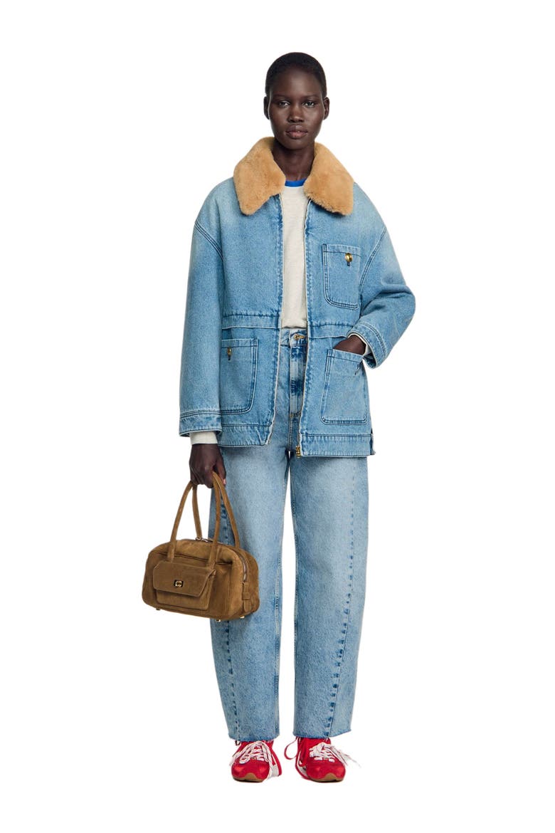 Denim coat with faux fur collar, Alternate, color, Blue jean