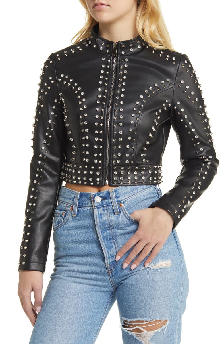 AZALEA WANG Studded Faux Leather Moto Jacket, Alternate, color, 