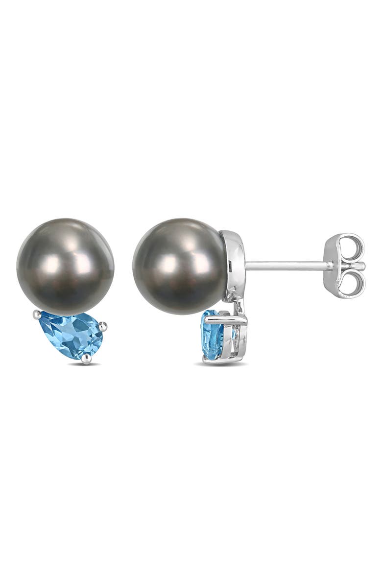DELMAR Sterling Silver 8–9mm Cultured Black Tahitian Pearl & Blue Topaz Stud Earrings, Main, color, 