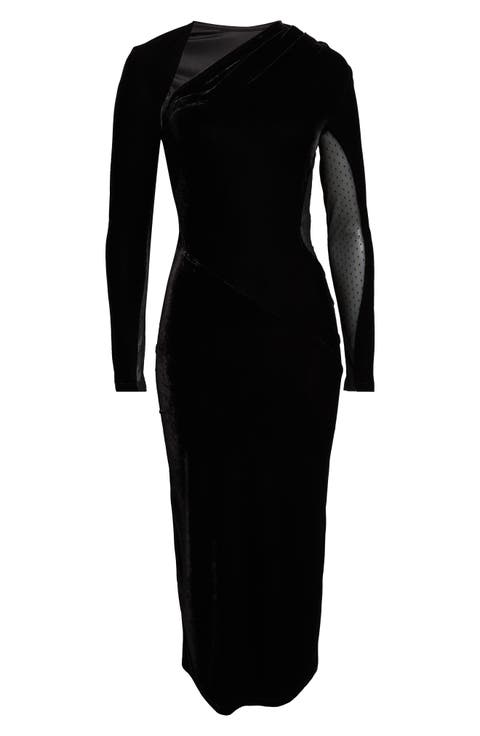 Kass Asymmetric Neck Long Sleeve Velvet Dress