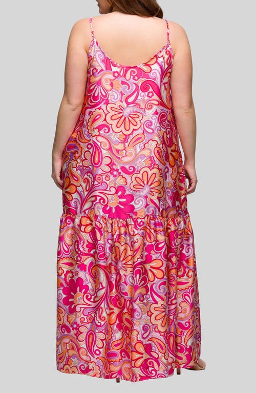 24seven Comfort Apparel Plus Size Print Lightweight Spaghetti Strap Pocket Maxi Dress In Pink