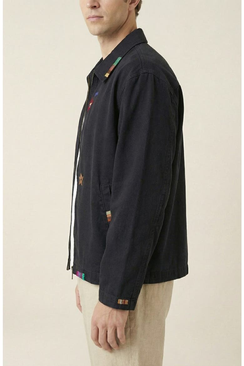 Embroidered Contrast Trim Zip Front Jacket, Alternate, color, Black