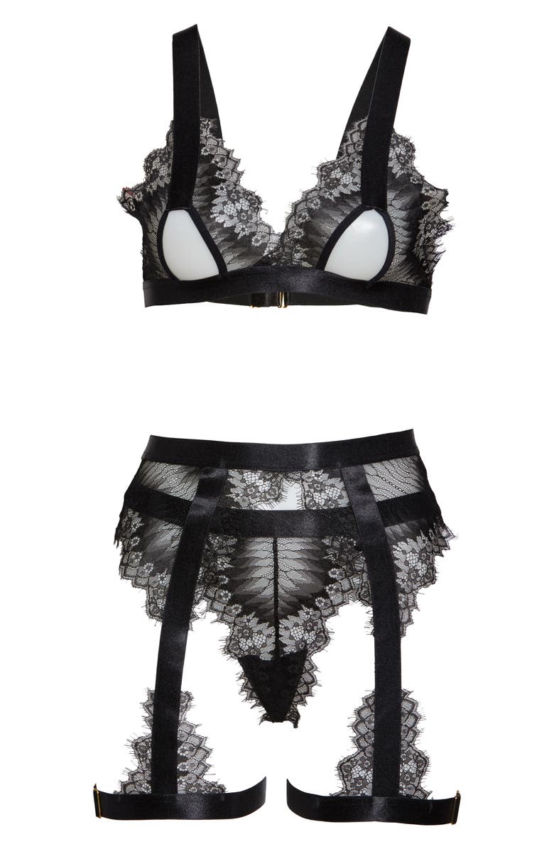 Oh La La Cheri Open Cup Bralette, High Waist Panties & Suspenders Set, Alternate, color, Black
