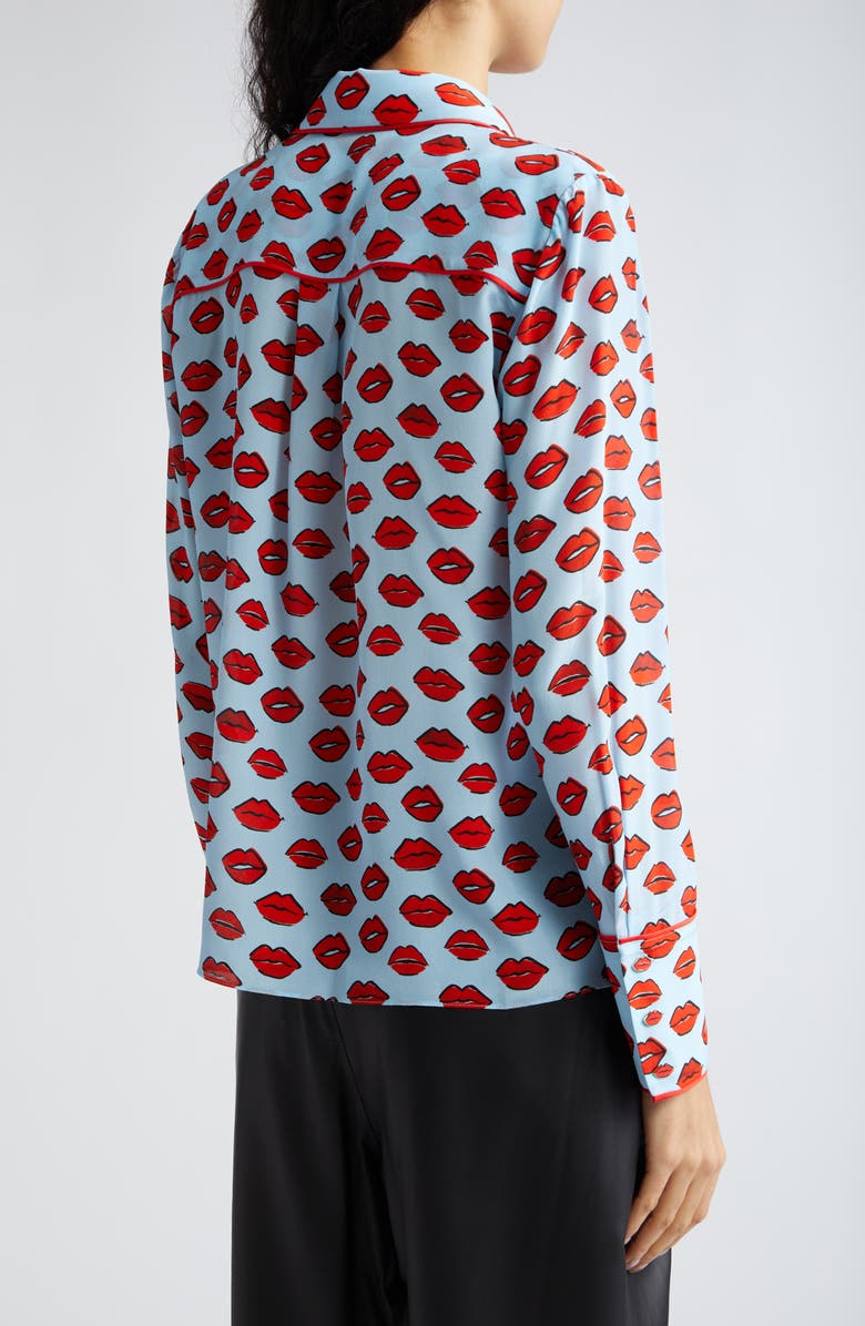 Alice + Olivia Willa Lip Print Piped Silk Shirt, Alternate, color,