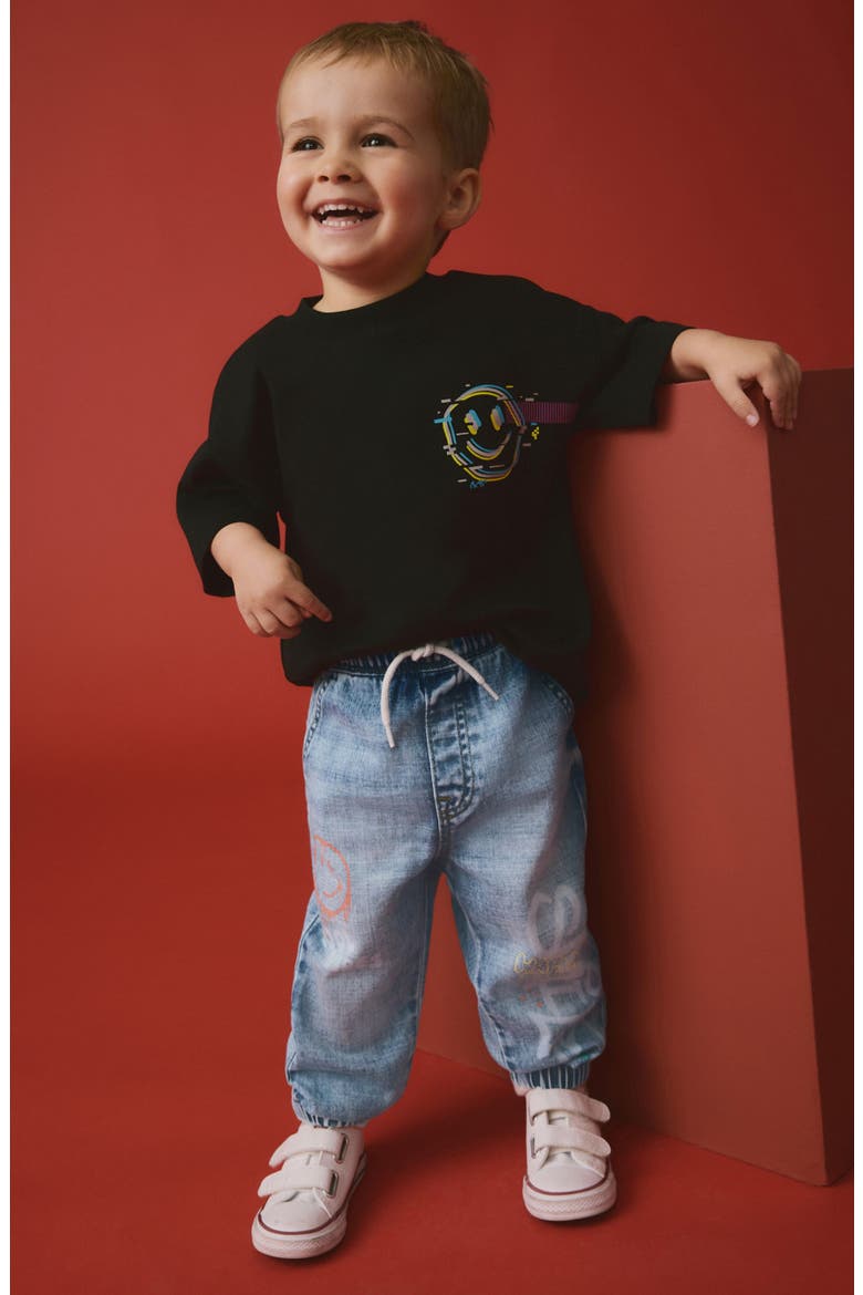 Kids' Smile Elastic Waist Graphic Jeans, Alternate, color, BLUE