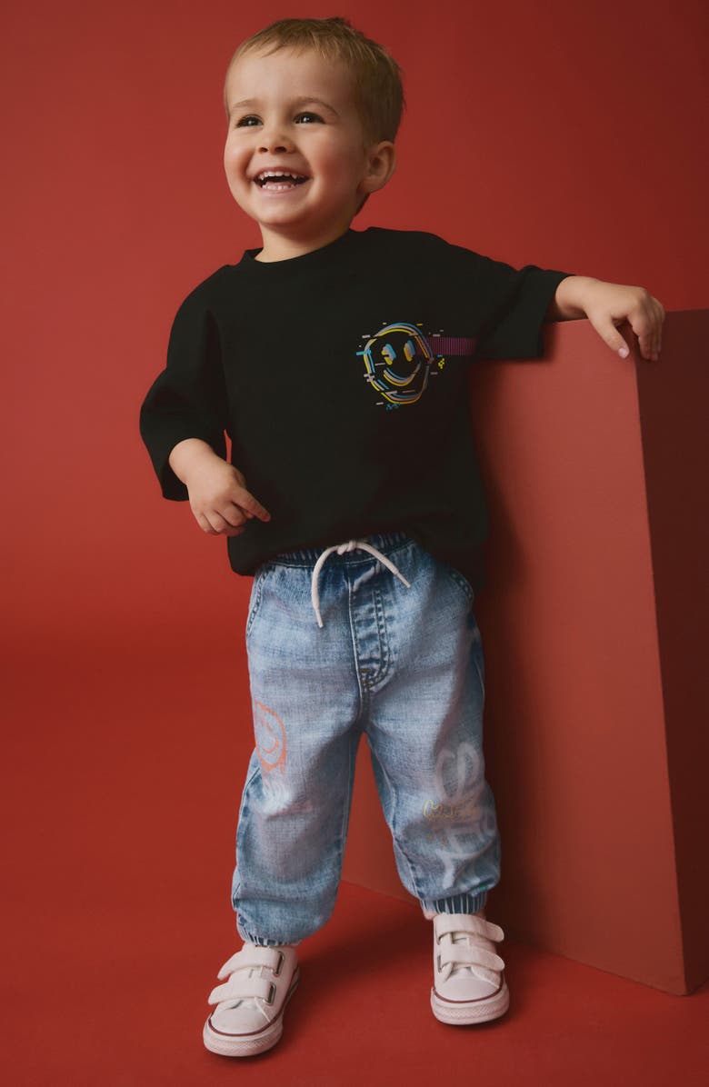 NEXT Kids' Smile Elastic Waist Graphic Jeans, Alternate, color, Blue