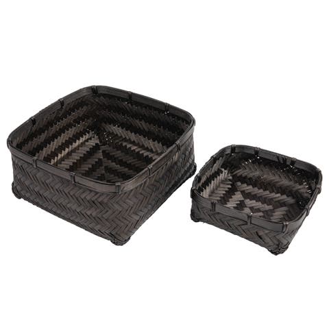 wood & Water Hyacinth Baskets, Black, Set of 2