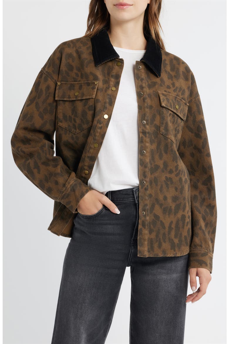 Leopard Print Cotton Denim Shacket, Main, color, BROWN LEOPARD