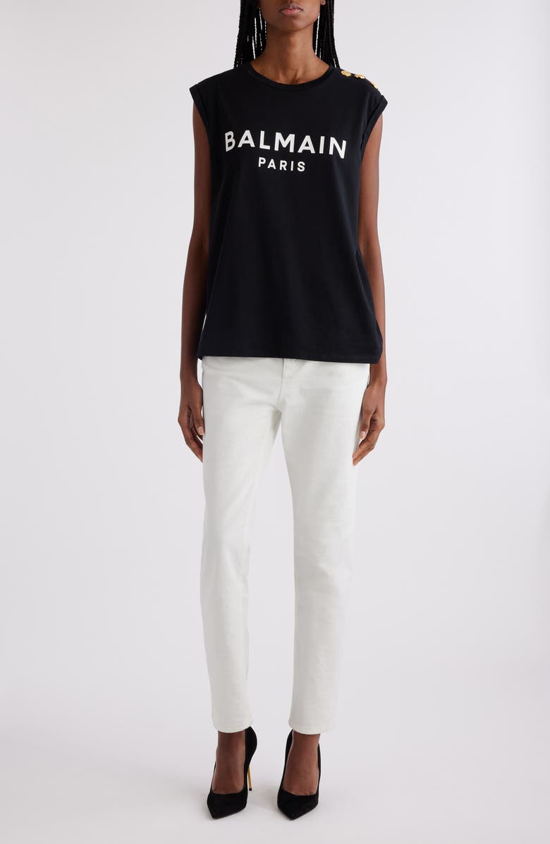 Balmain Cotton Logo Graphic Tank, Alternate, color, Black/ White