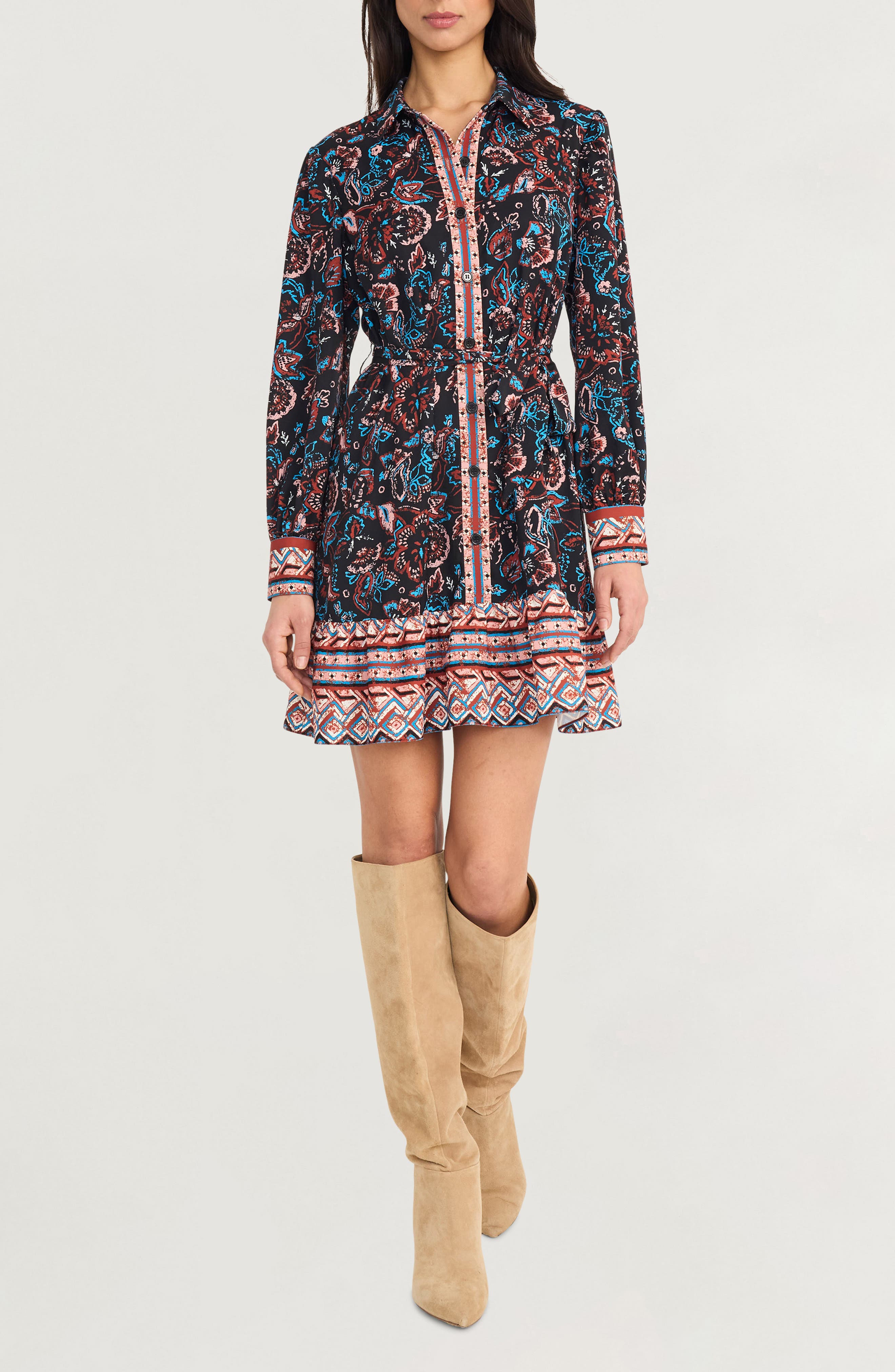 The Good Journey Paisley Long Sleeve Fit & Flare Shirtdress