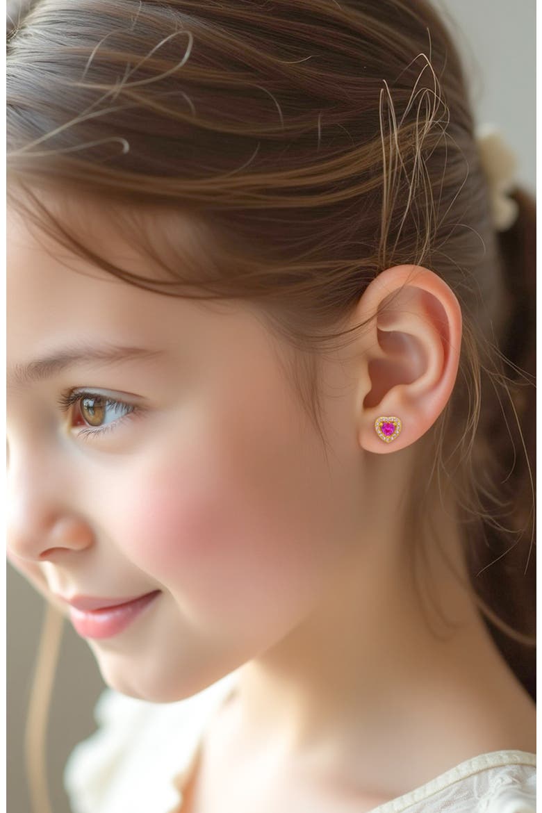 Kids' Cubic Zirconia Heart Halo Stud Earrings, Alternate, color, DARK PINK