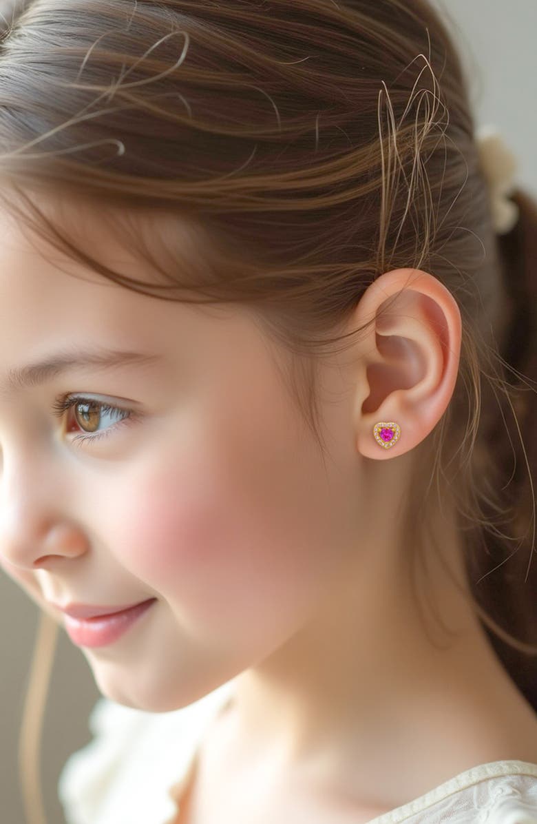 Lily Nily Kids' Cubic Zirconia Heart Halo Stud Earrings, Alternate, color, Dark Pink