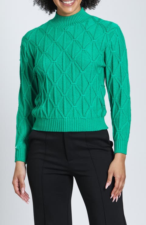 Diamond Cable Eyelet Mock Neck Sweater