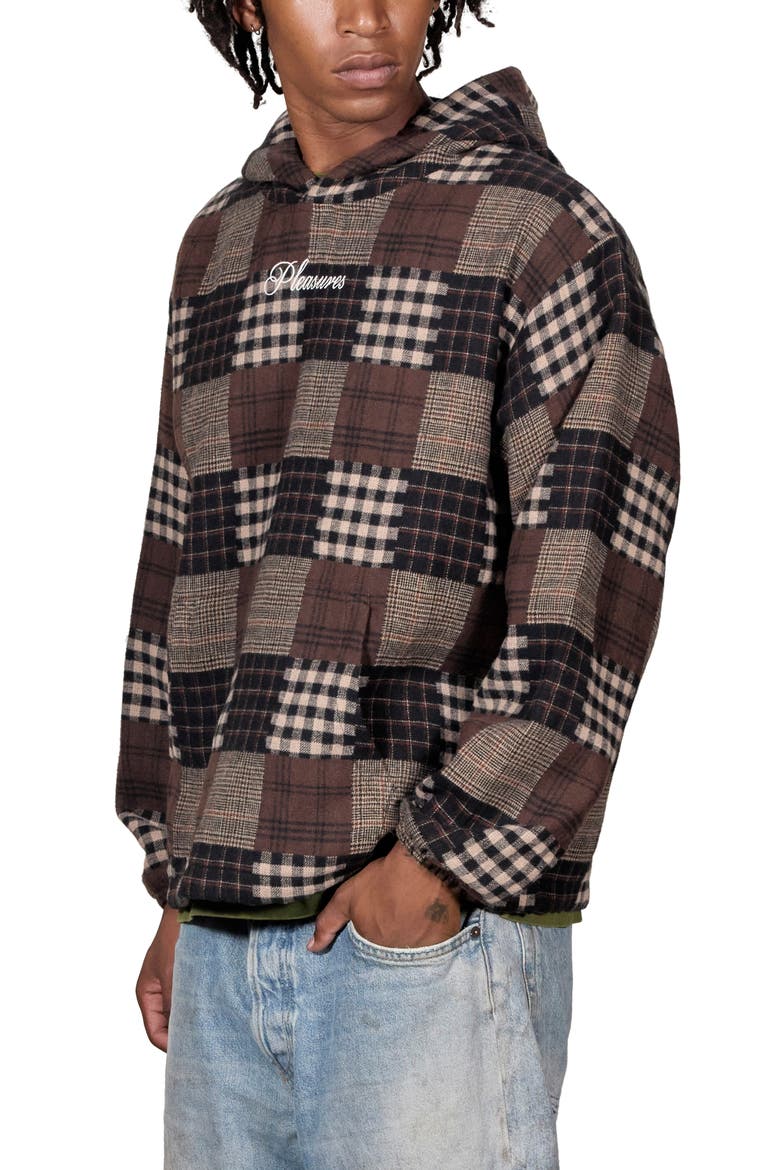 Madras Plaid Patchwork Pullover Hoodie, Alternate, color, BROWN