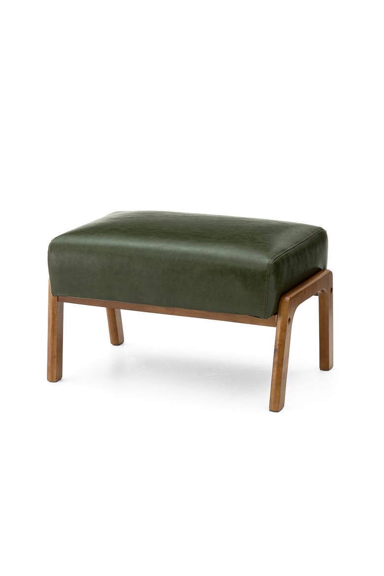 Mid-century Modern Faux Leather Accent Stool with Walnut Rubberwood Legs, Main, color, Green